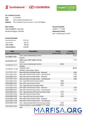 Blank Colombia Scotiabank Colpatria bank statement excel download for verification